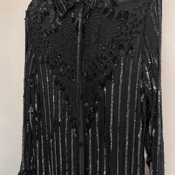 Frank Usher Design Black Beaded Sheer Button-Front Blouse - Picture 5 of 9